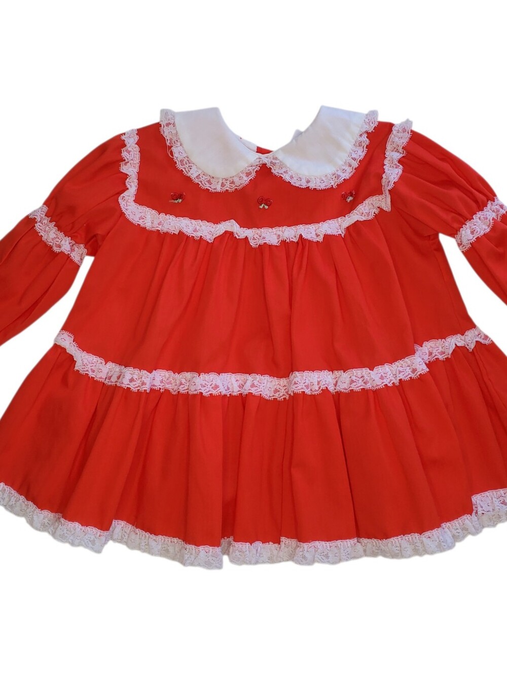 Vintage Dress White Lace Trim & Collar Red Tiered Toddler Size Large 6-12 Months